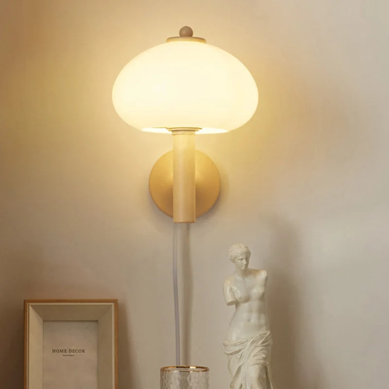 Modern Minimalist Mushroom-Shaped Glass Wrought Iron 1-light Wall Sconce Lamp For Bedroom