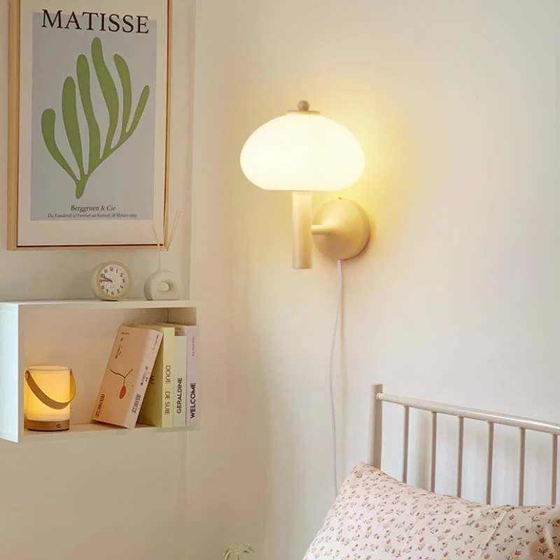 Modern Minimalist Mushroom-Shaped Glass Wrought Iron 1-light Wall Sconce Lamp For Bedroom