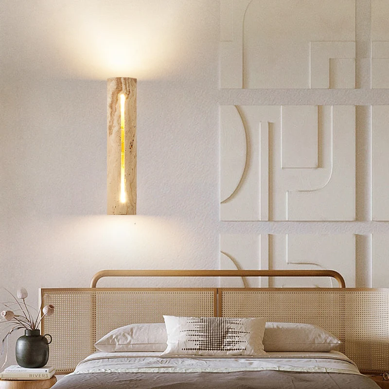 Contemporary Nordic Cylinder Yellow Travertine Solid Wood 1-Light Wall Sconce Lamp For Living Room & Bedroom