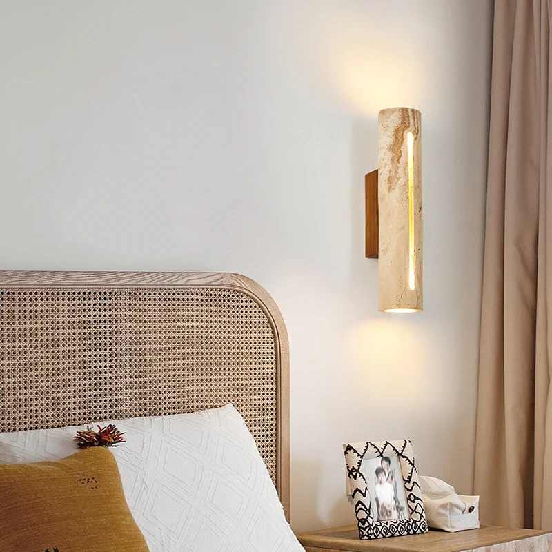 Contemporary Nordic Cylinder Yellow Travertine Solid Wood 1-Light Wall Sconce Lamp For Living Room & Bedroom