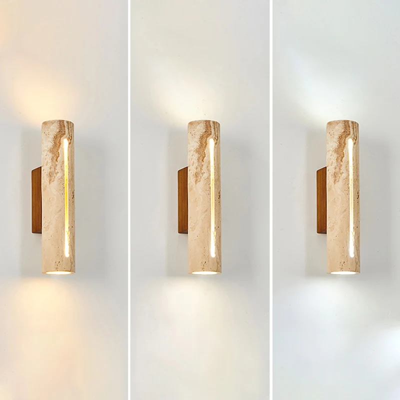 Contemporary Nordic Cylinder Yellow Travertine Solid Wood 1-Light Wall Sconce Lamp For Living Room & Bedroom
