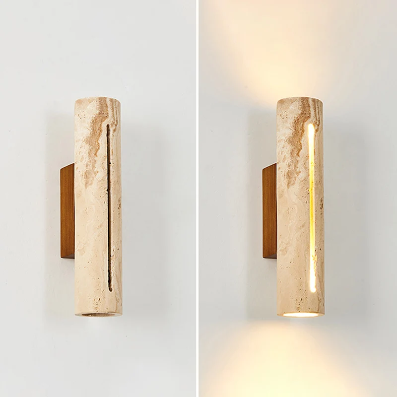 Contemporary Nordic Cylinder Yellow Travertine Solid Wood 1-Light Wall Sconce Lamp For Living Room & Bedroom