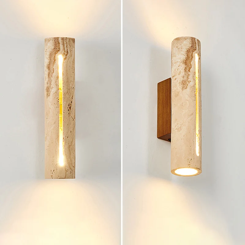 Contemporary Nordic Cylinder Yellow Travertine Solid Wood 1-Light Wall Sconce Lamp For Living Room & Bedroom