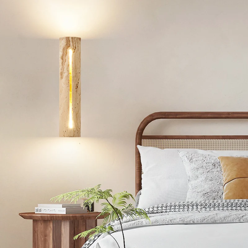 Contemporary Nordic Cylinder Yellow Travertine Solid Wood 1-Light Wall Sconce Lamp For Living Room & Bedroom