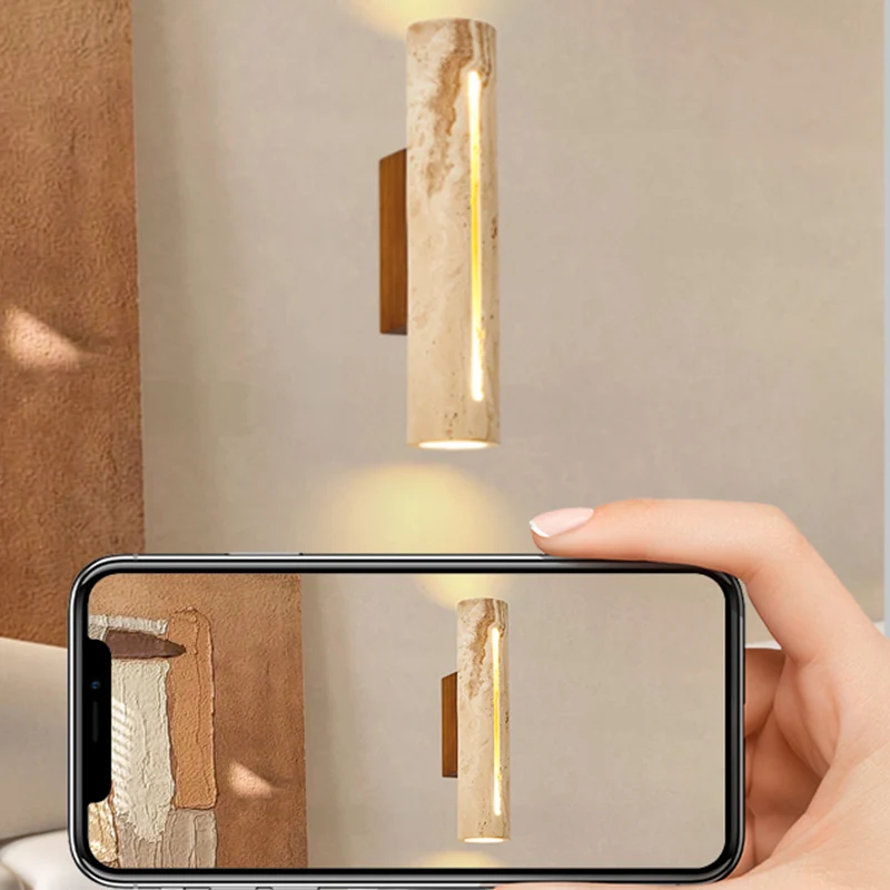 Contemporary Nordic Cylinder Yellow Travertine Solid Wood 1-Light Wall Sconce Lamp For Living Room & Bedroom