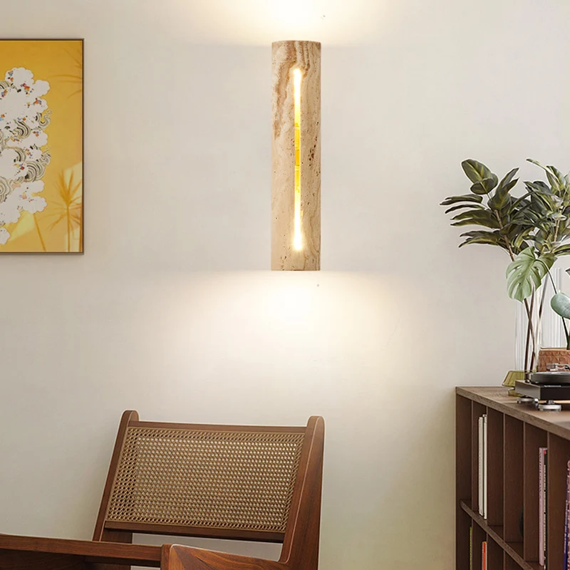 Contemporary Nordic Cylinder Yellow Travertine Solid Wood 1-Light Wall Sconce Lamp For Living Room & Bedroom