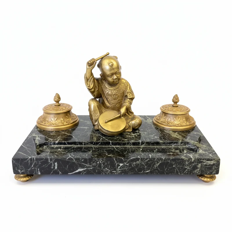 Oriental bronze and marble inkwell