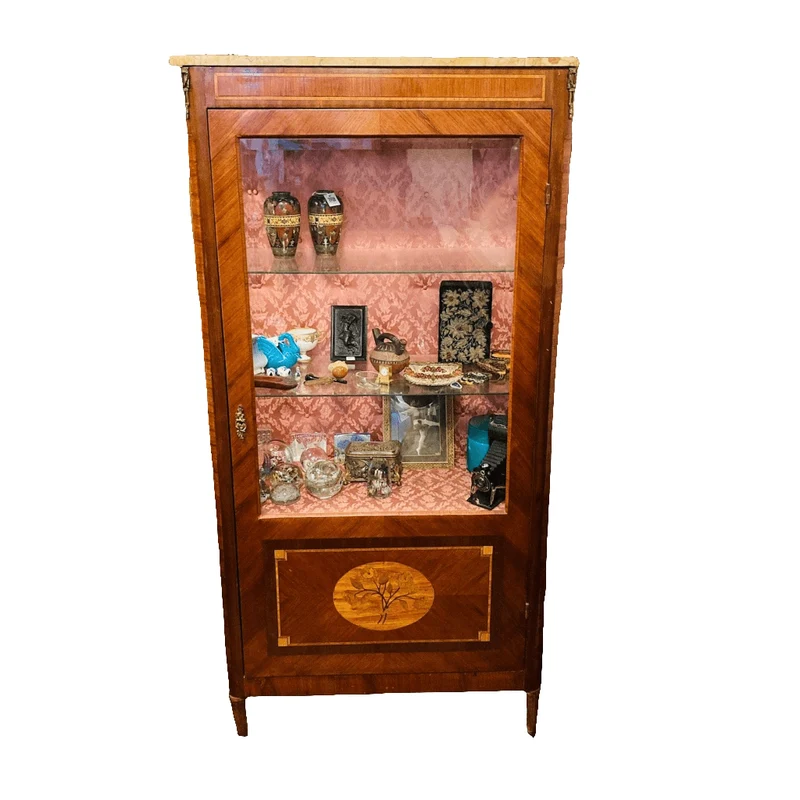 Rosewood veneered display case with marble top
