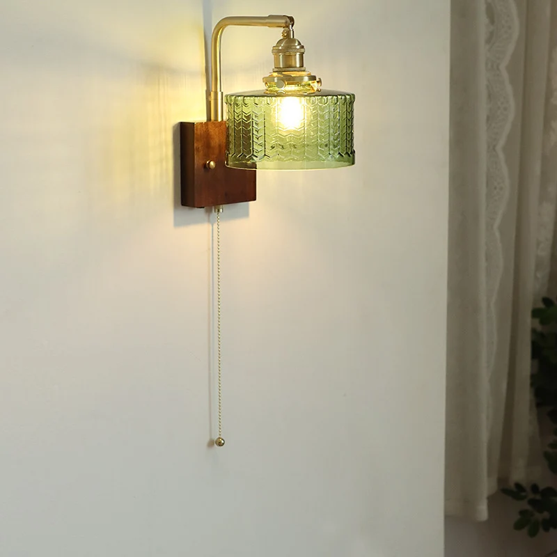 Modern Mid-Century Frosted Glass Brass Walnut 1-Light Wall Sconce Lamp With Zipper For Living Room & Bedroom