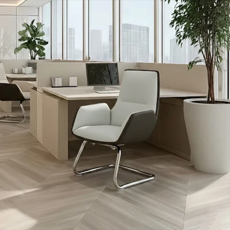 Modern Minimalist Ergonomic Mid Back Leather Plywood & Metal Office Chair - Upholstered Desk Chair With Armrests Comfortable Reception Chair For Home Office