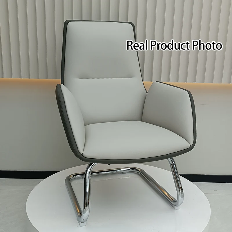 Modern Minimalist Ergonomic Mid Back Leather Plywood & Metal Office Chair - Upholstered Desk Chair With Armrests Comfortable Reception Chair For Home Office