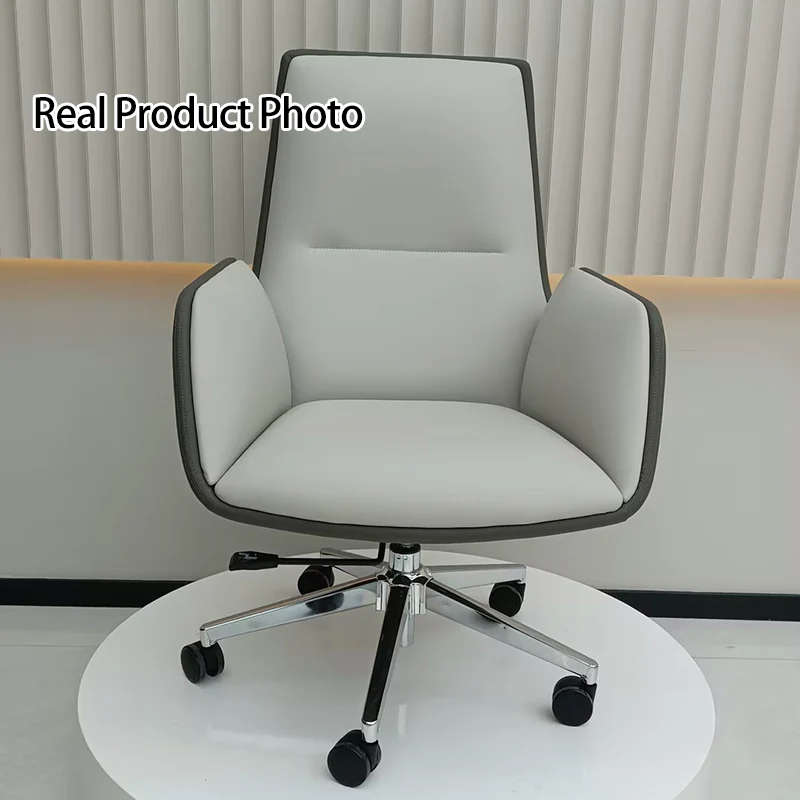 Modern Minimalist Ergonomic Leather Plywood Metal Office Chair Adjustable Swivel Desk Chair With Wheels - Mid-Back Comfortable Task Chair For Home Office