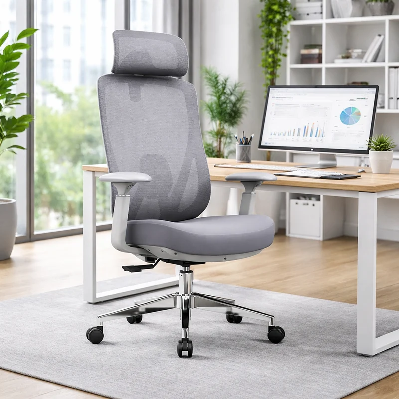 Modern Minimalist Grey High-Back Mesh Executive Chair - 4D Adjustable Headrest & Tilt Ergonomic Office Chair For Home Office