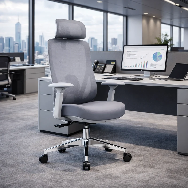 Modern Minimalist Grey High-Back Mesh Executive Chair - 4D Adjustable Headrest & Tilt Ergonomic Office Chair For Home Office