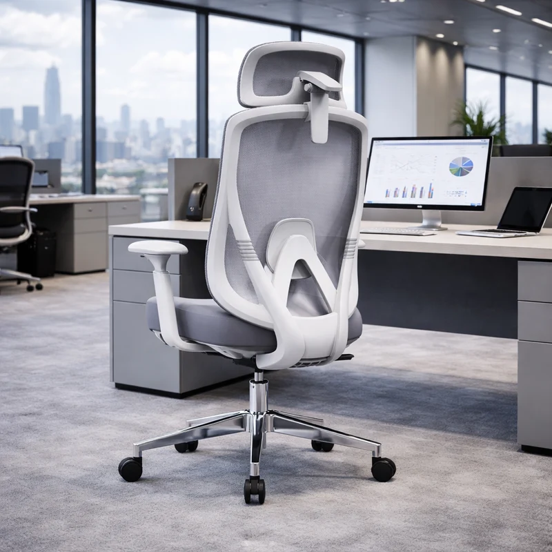 Modern Minimalist Grey High-Back Mesh Executive Chair - 4D Adjustable Headrest & Tilt Ergonomic Office Chair For Home Office