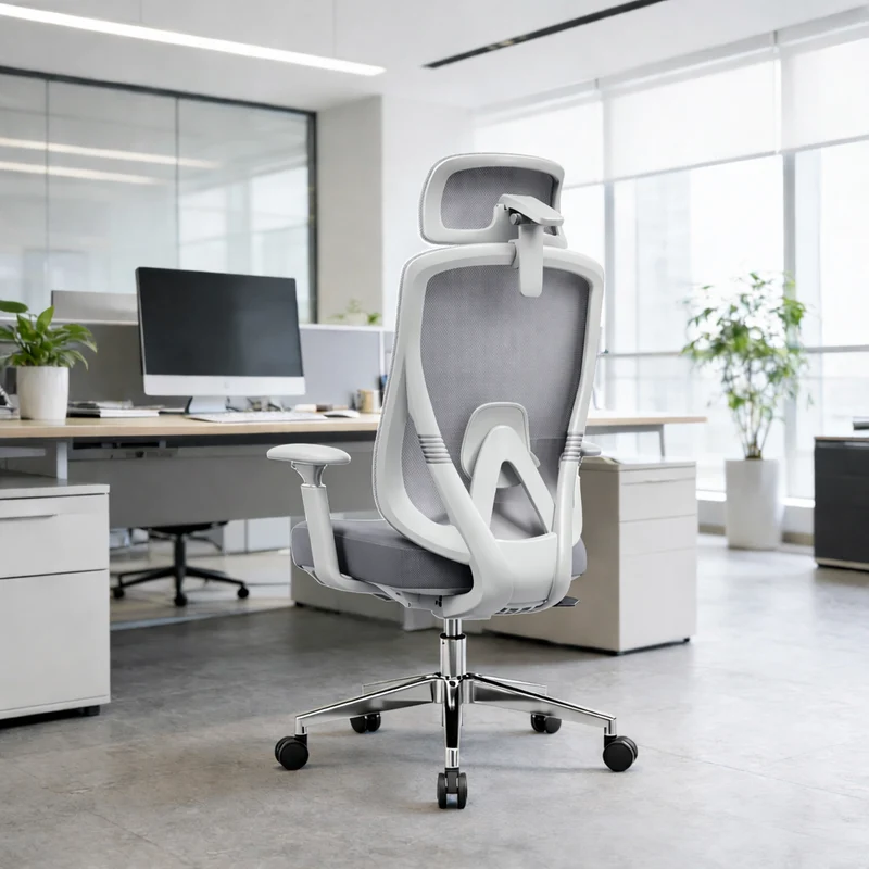 Modern Minimalist Grey High-Back Mesh Executive Chair - 4D Adjustable Headrest & Tilt Ergonomic Office Chair For Home Office