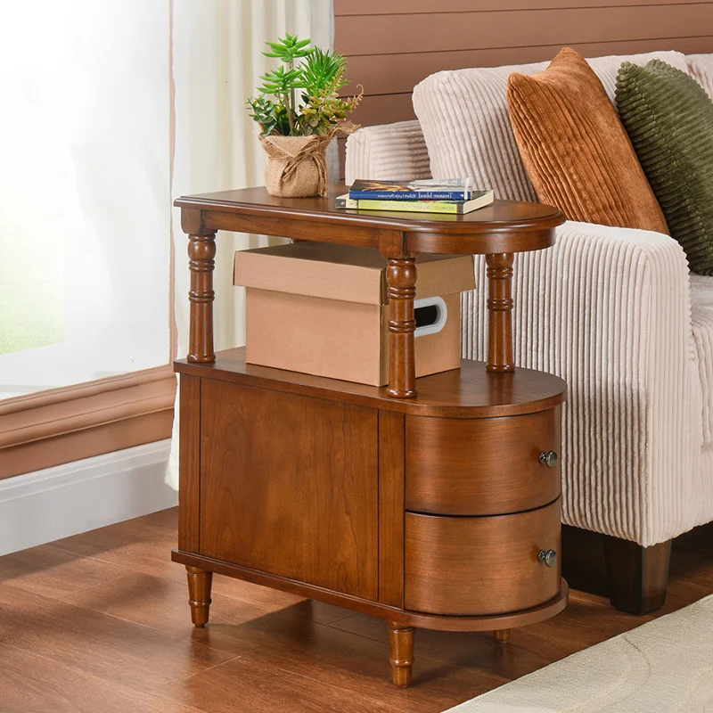 Traditional Vintage Rubberwood & Plywood Rounded-Edge Side Table Storage Rack 2 Drawers For Living Room