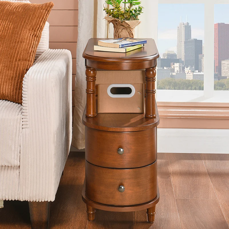 Traditional Vintage Rubberwood & Plywood Rounded-Edge Side Table Storage Rack 2 Drawers For Living Room