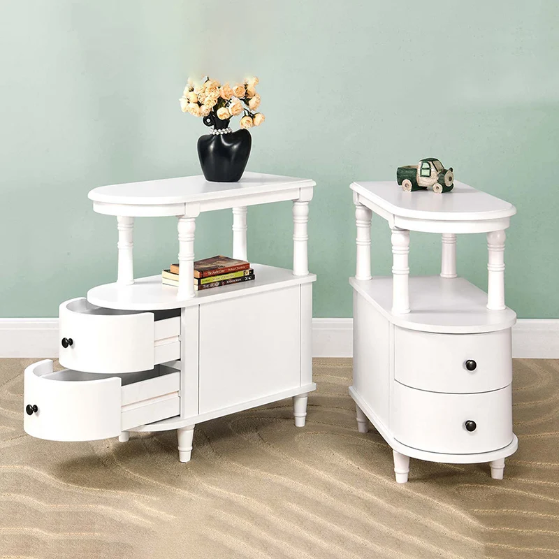 Traditional Vintage Rubberwood & Plywood Rounded-Edge Side Table Storage Rack 2 Drawers For Living Room