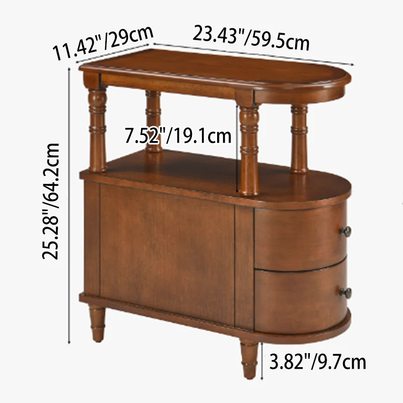 Traditional Vintage Rubberwood & Plywood Rounded-Edge Side Table Storage Rack 2 Drawers For Living Room
