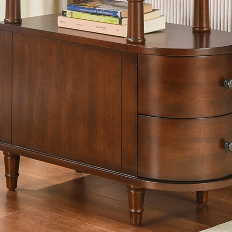 Traditional Vintage Rubberwood & Plywood Rounded-Edge Side Table Storage Rack 2 Drawers For Living Room