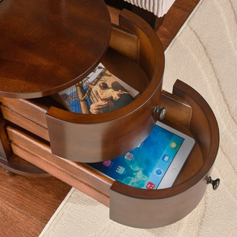 Traditional Vintage Rubberwood & Plywood Rounded-Edge Side Table Storage Rack 2 Drawers For Living Room