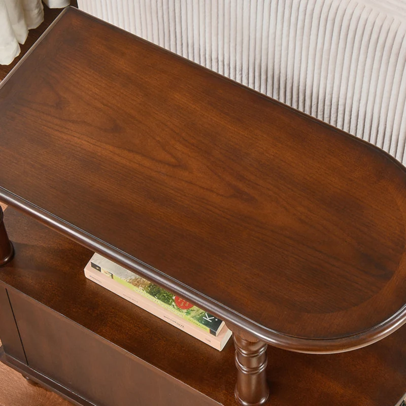 Traditional Vintage Rubberwood & Plywood Rounded-Edge Side Table Storage Rack 2 Drawers For Living Room