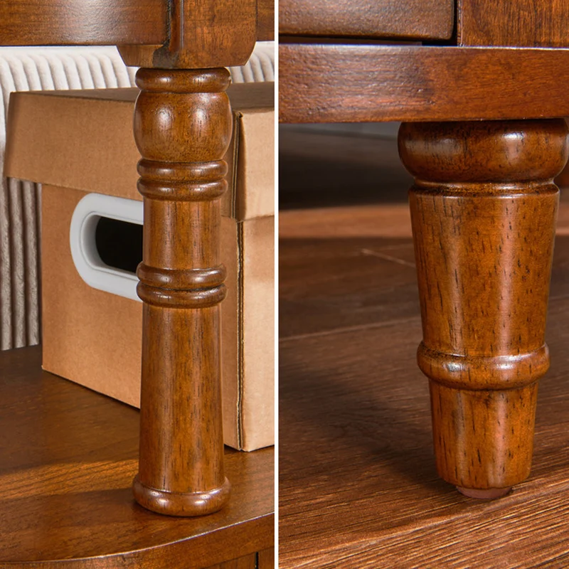Traditional Vintage Rubberwood & Plywood Rounded-Edge Side Table Storage Rack 2 Drawers For Living Room