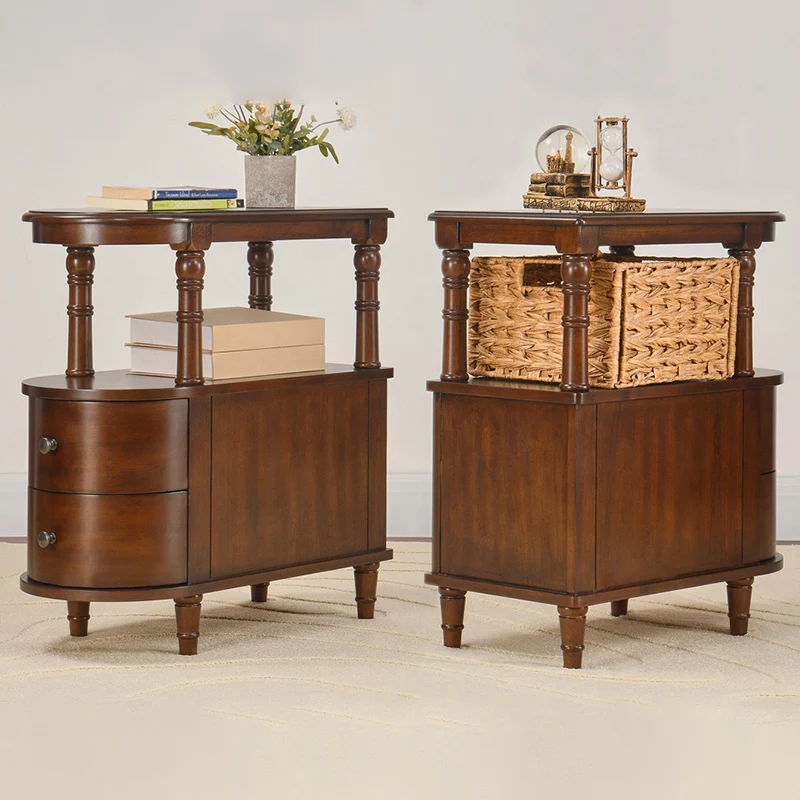 Traditional Vintage Rubberwood & Plywood Rounded-Edge Side Table Storage Rack 2 Drawers For Living Room