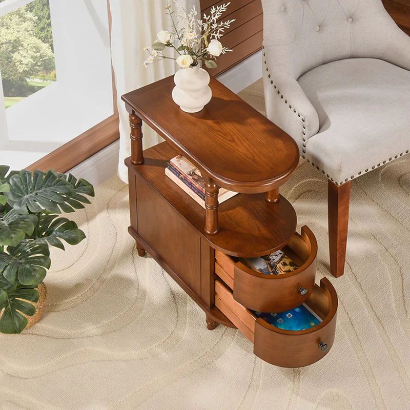 Traditional Vintage Rubberwood & Plywood Rounded-Edge Side Table Storage Rack 2 Drawers For Living Room