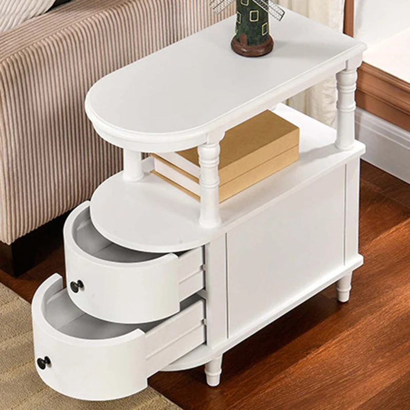 Traditional Vintage Rubberwood & Plywood Rounded-Edge Side Table Storage Rack 2 Drawers For Living Room