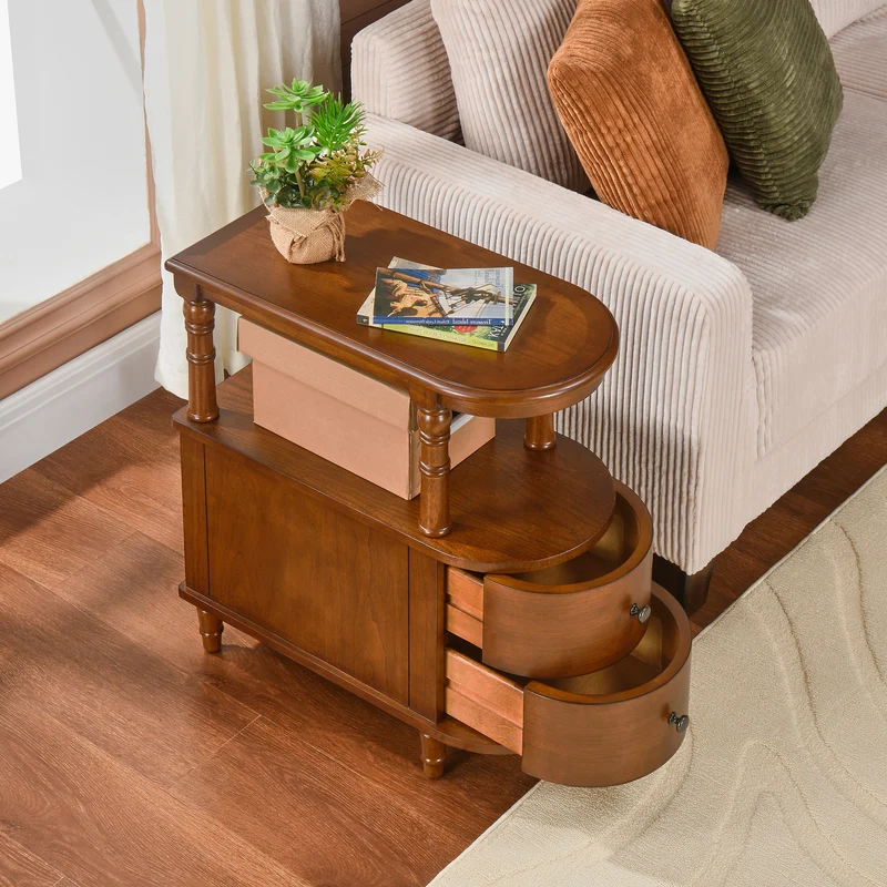 Traditional Vintage Rubberwood & Plywood Rounded-Edge Side Table Storage Rack 2 Drawers For Living Room