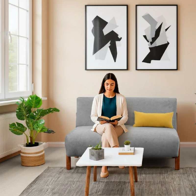 Sofá 2 Puestos Dubi 123x73x73 Tela Gris Patas Matiz Caoba