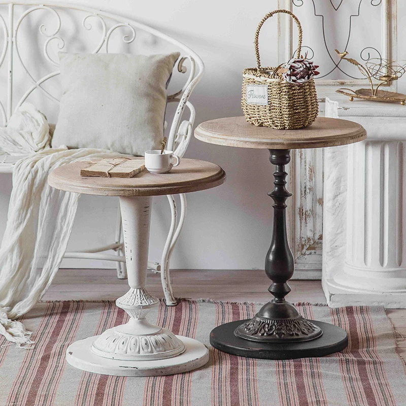 Traditional French Iron Fir Wood MDF Carved Round End Table With 1-Tier For Living Room