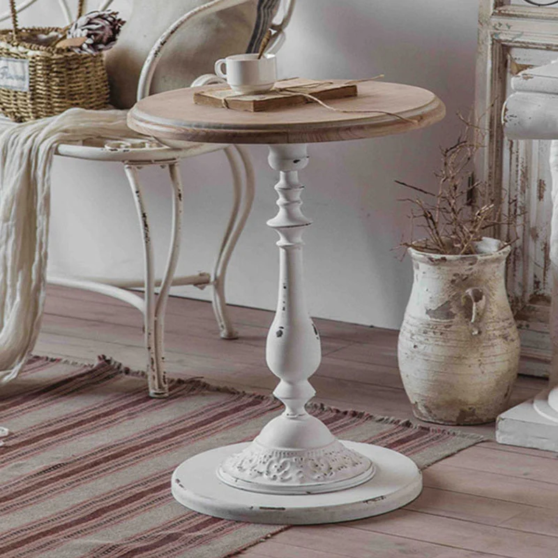 Traditional French Iron Fir Wood MDF Carved Round End Table With 1-Tier For Living Room