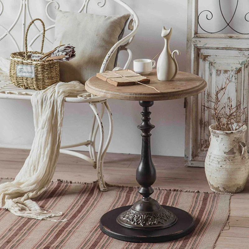 Traditional French Iron Fir Wood MDF Carved Round End Table With 1-Tier For Living Room