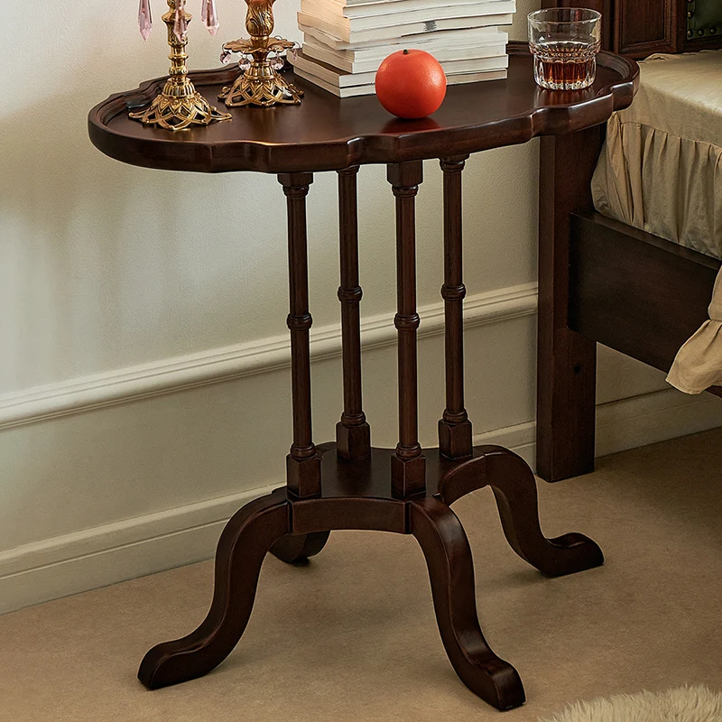 Traditional Chinese Rubberwood Scalloped Curved Side Table With 1 Tier For Living Room