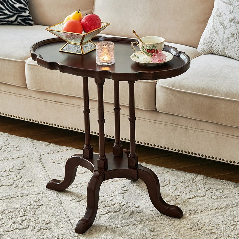 Traditional Chinese Rubberwood Scalloped Curved Side Table With 1 Tier For Living Room