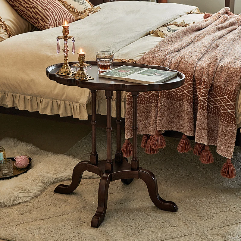 Traditional Chinese Rubberwood Scalloped Curved Side Table With 1 Tier For Living Room