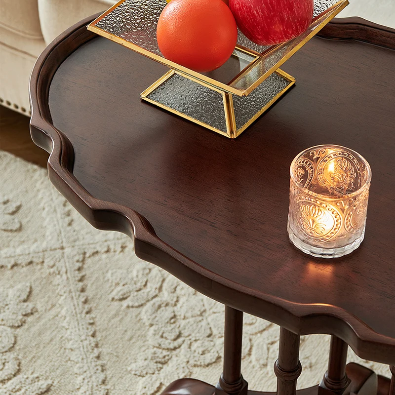 Traditional Chinese Rubberwood Scalloped Curved Side Table With 1 Tier For Living Room