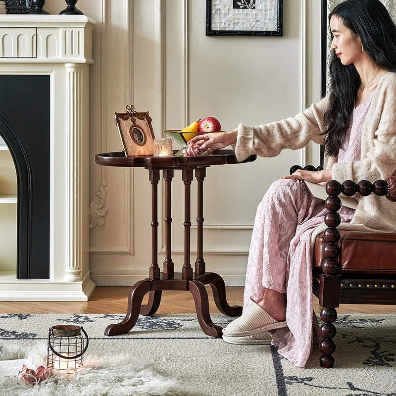 Traditional Chinese Rubberwood Scalloped Curved Side Table With 1 Tier For Living Room