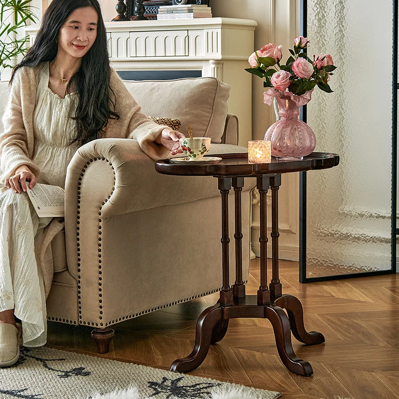 Traditional Chinese Rubberwood Scalloped Curved Side Table With 1 Tier For Living Room