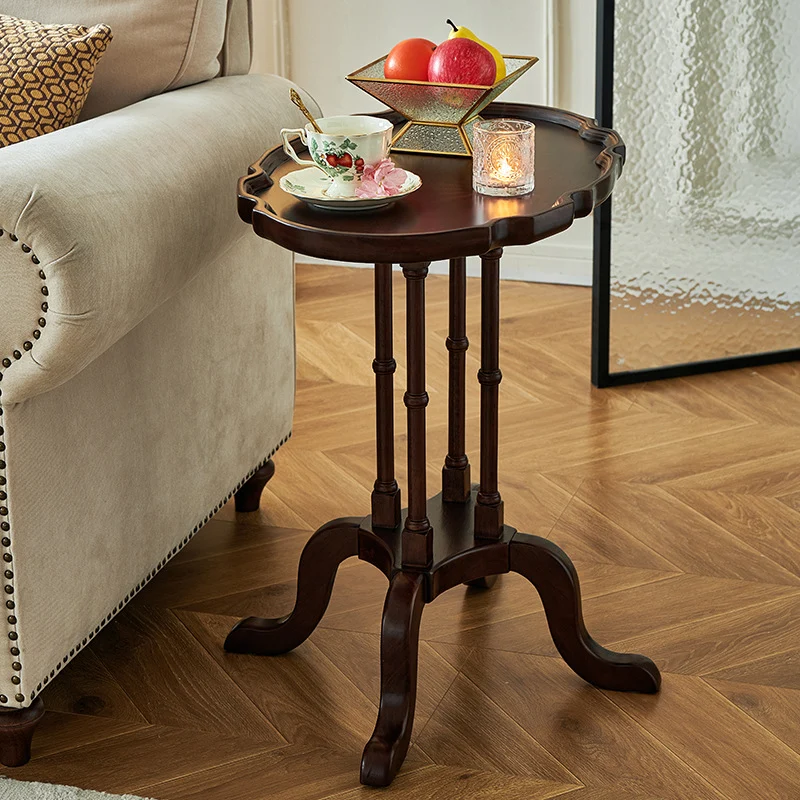 Traditional Chinese Rubberwood Scalloped Curved Side Table With 1 Tier For Living Room