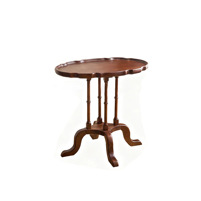 Traditional Chinese Rubberwood Scalloped Curved Side Table With 1 Tier For Living Room