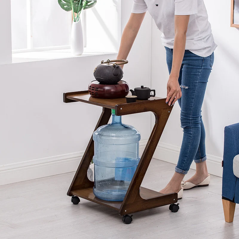Traditional Chinese Bamboo Movable Z-Shaped Rectangular Side Table With 2 Tiers For Living Room