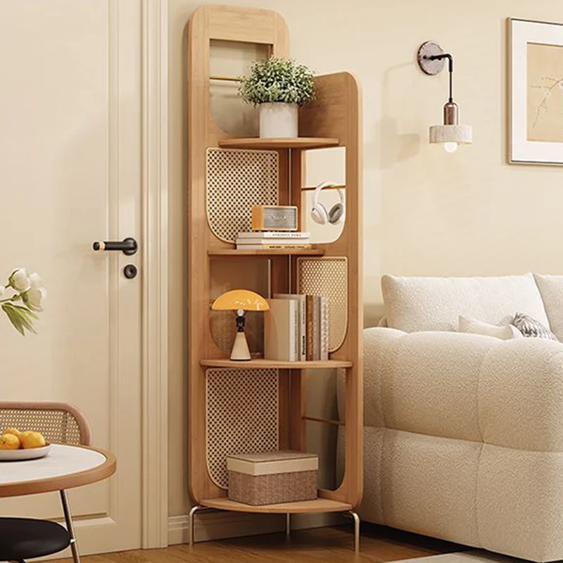 Traditional Chinese Bamboo Rattan Stainless Steel Right Angle Square Arched Storage Shelf 4-Tier For Living Room