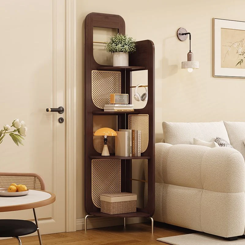 Traditional Chinese Bamboo Rattan Stainless Steel Right Angle Square Arched Storage Shelf 4-Tier For Living Room