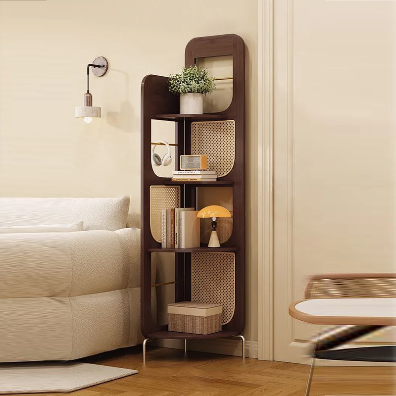 Traditional Chinese Bamboo Rattan Stainless Steel Right Angle Square Arched Storage Shelf 4-Tier For Living Room