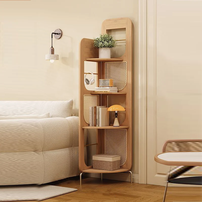 Traditional Chinese Bamboo Rattan Stainless Steel Right Angle Square Arched Storage Shelf 4-Tier For Living Room
