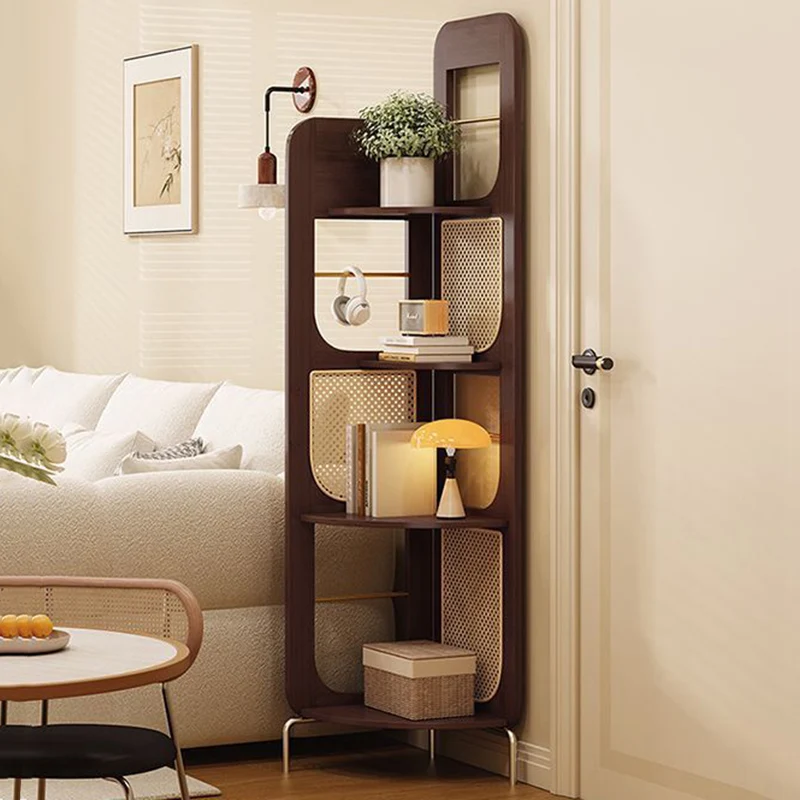 Traditional Chinese Bamboo Rattan Stainless Steel Right Angle Square Arched Storage Shelf 4-Tier For Living Room
